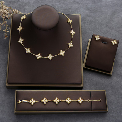 Луксозно цвете, изящно колие, обеца, пръстен, гривна, комплект бижута за жени, сватбено парти, пълен циркон, Дубай, булчински бижута N0555