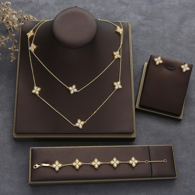 Луксозно цвете, изящно колие, обеца, пръстен, гривна, комплект бижута за жени, сватбено парти, пълен циркон, Дубай, булчински бижута N0555