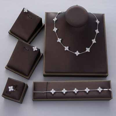 Луксозно цвете, изящно колие, обеца, пръстен, гривна, комплект бижута за жени, сватбено парти, пълен циркон, Дубай, булчински бижута N0555