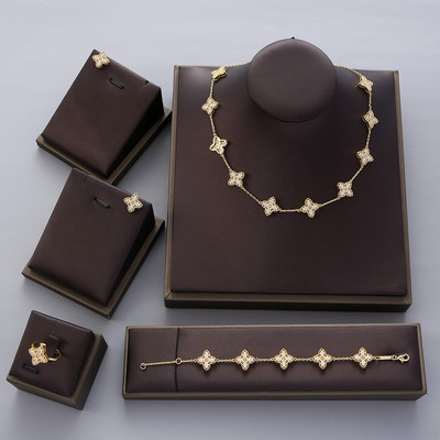 Луксозно цвете, изящно колие, обеца, пръстен, гривна, комплект бижута за жени, сватбено парти, пълен циркон, Дубай, булчински бижута N0555