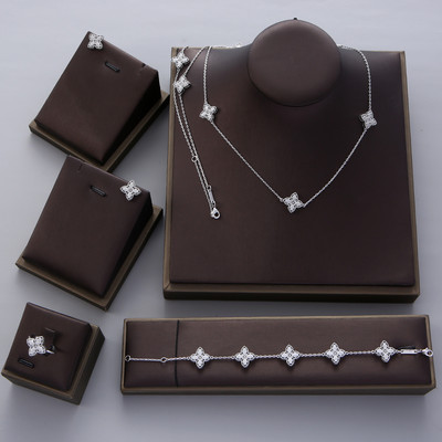 Луксозно цвете, изящно колие, обеца, пръстен, гривна, комплект бижута за жени, сватбено парти, пълен циркон, Дубай, булчински бижута N0555