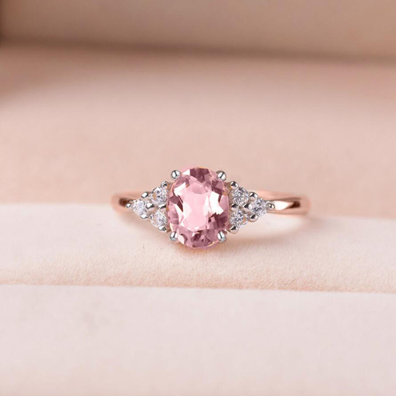 ZN Dainty Pink Inel de cristal oval pentru femei, inel de logodnă în stil simplu, inel de dragoste, inele de nuntă pentru femei, bijuterii, cadouri