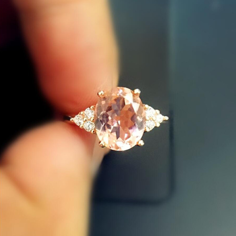 ZN Dainty Pink Inel de cristal oval pentru femei, inel de logodnă în stil simplu, inel de dragoste, inele de nuntă pentru femei, bijuterii, cadouri