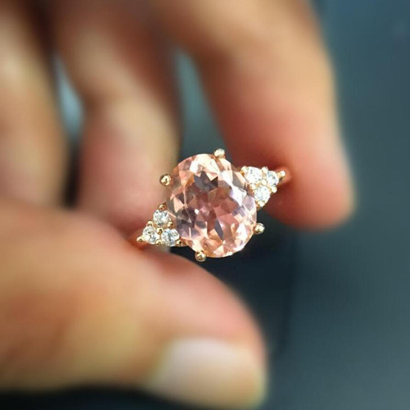 ZN Dainty Pink Inel de cristal oval pentru femei, inel de logodnă în stil simplu, inel de dragoste, inele de nuntă pentru femei, bijuterii, cadouri