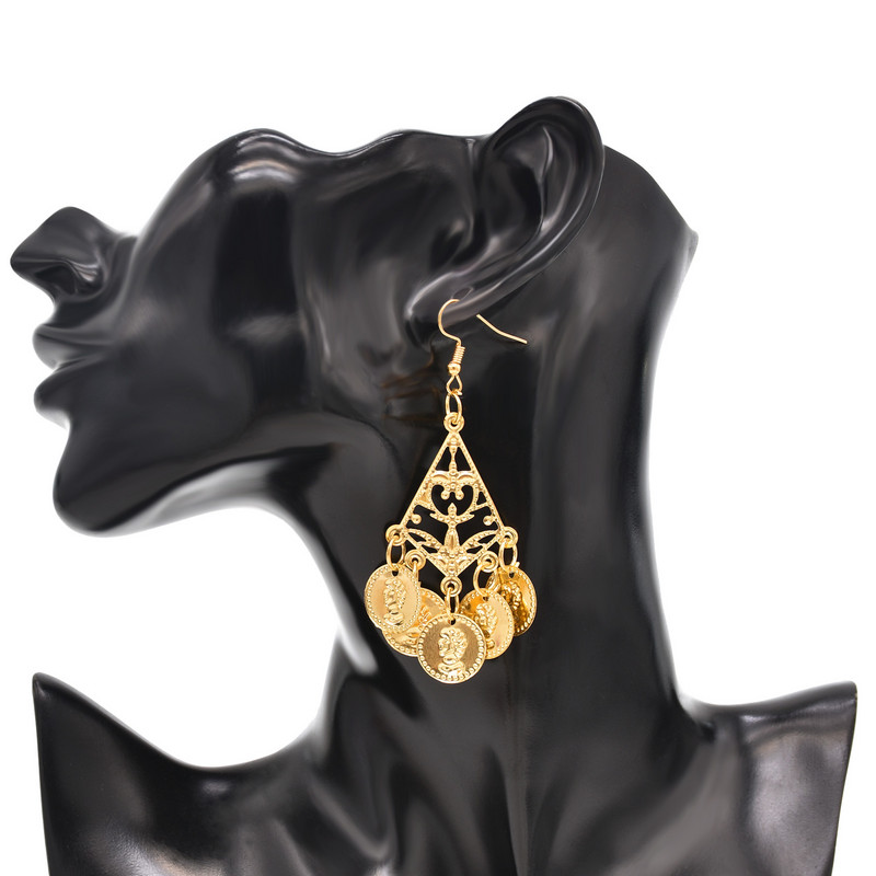 Zlatna boja izrezbarene šljokice Zvono Choker Ogrlica Viseće naušnice za žene Etnička plemena Indijanski trbušni ples Ljetni setovi nakita za plažu