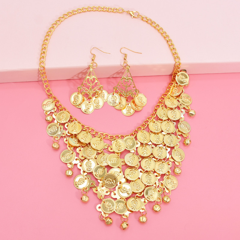 Zlatna boja izrezbarene šljokice Zvono Choker Ogrlica Viseće naušnice za žene Etnička plemena Indijanski trbušni ples Ljetni setovi nakita za plažu