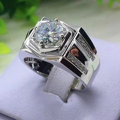 FDLK Блестящ луксозен сребърен цветен пръстен Естествен бял 2.5CT кристален пръстен Брачна лента Мъжки парти бижута Размер 7 8 9 10 11 12