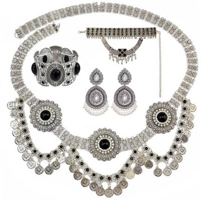 India etnic tribal tradițional monedă ciucuri choker colier brățară cercei pentru femei afgane curcane burta lanțuri set de bijuterii