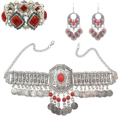 India etnic tribal tradițional monedă ciucuri choker colier brățară cercei pentru femei afgane curcane burta lanțuri set de bijuterii