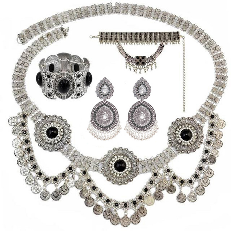 India etnic tribal tradițional monedă ciucuri choker colier brățară cercei pentru femei afgane curcane burta lanțuri set de bijuterii