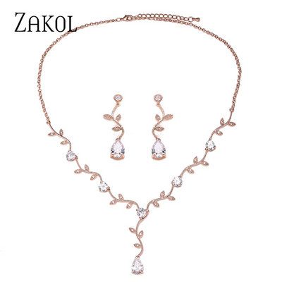 ZAKOL Clasic Rose Gold Color Cubic Zirconia Cristal Seturi de bijuterii de mireasă Cercei Choker în formă de frunze Rochie de mireasă pentru femei