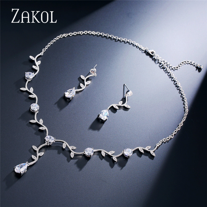 ZAKOL Clasic Rose Gold Color Cubic Zirconia Cristal Seturi de bijuterii de mireasă Cercei Choker în formă de frunze Rochie de mireasă pentru femei