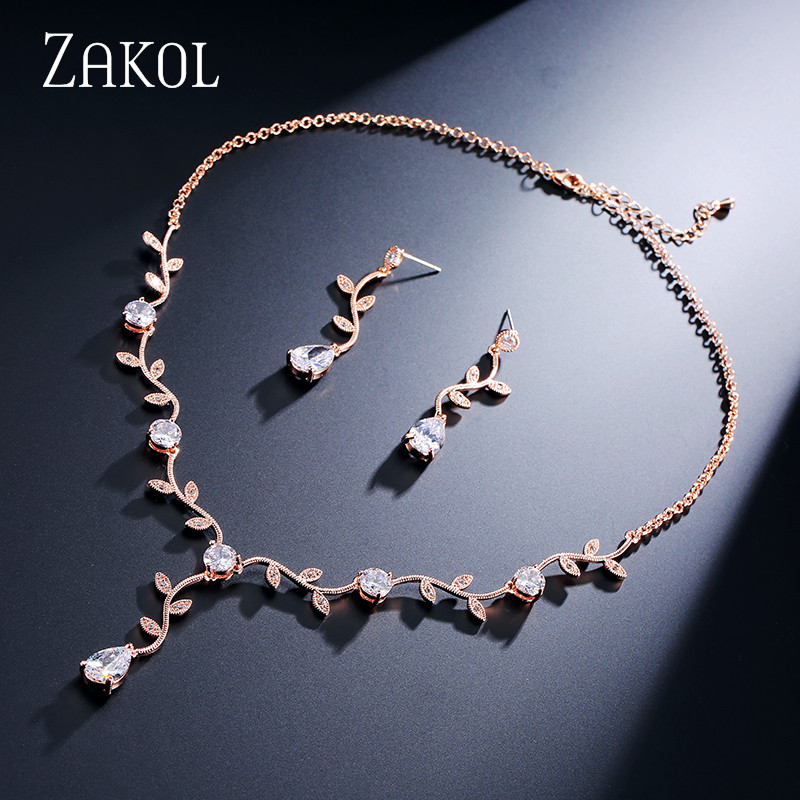 ZAKOL Clasic Rose Gold Color Cubic Zirconia Cristal Seturi de bijuterii de mireasă Cercei Choker în formă de frunze Rochie de mireasă pentru femei