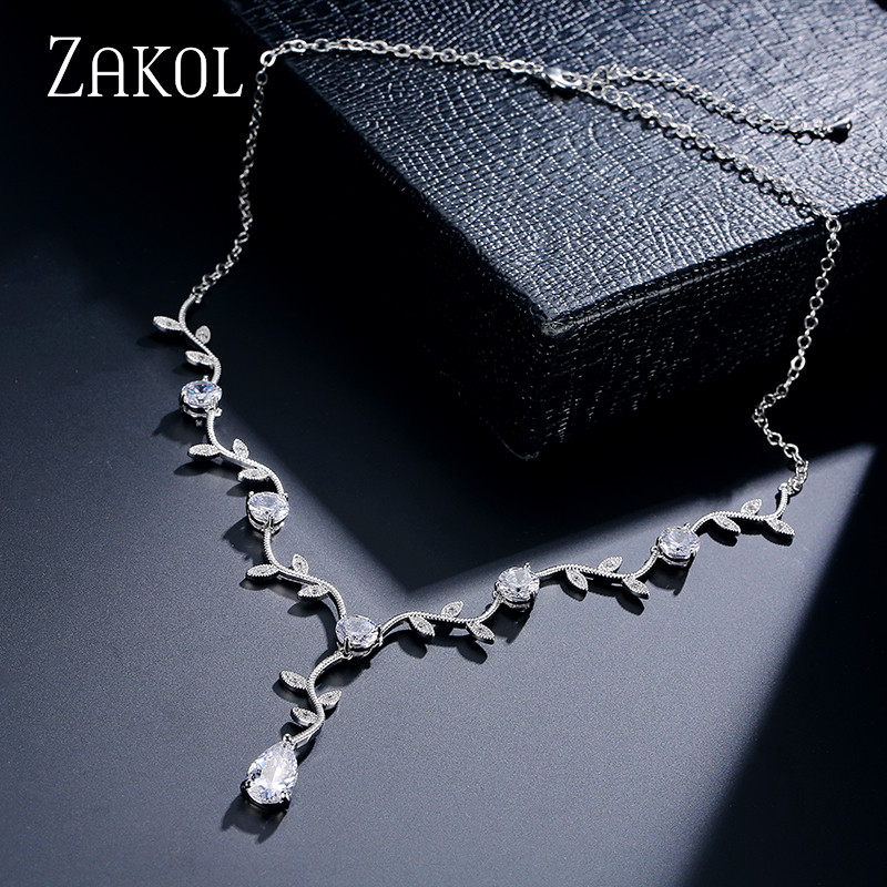 ZAKOL Clasic Rose Gold Color Cubic Zirconia Cristal Seturi de bijuterii de mireasă Cercei Choker în formă de frunze Rochie de mireasă pentru femei
