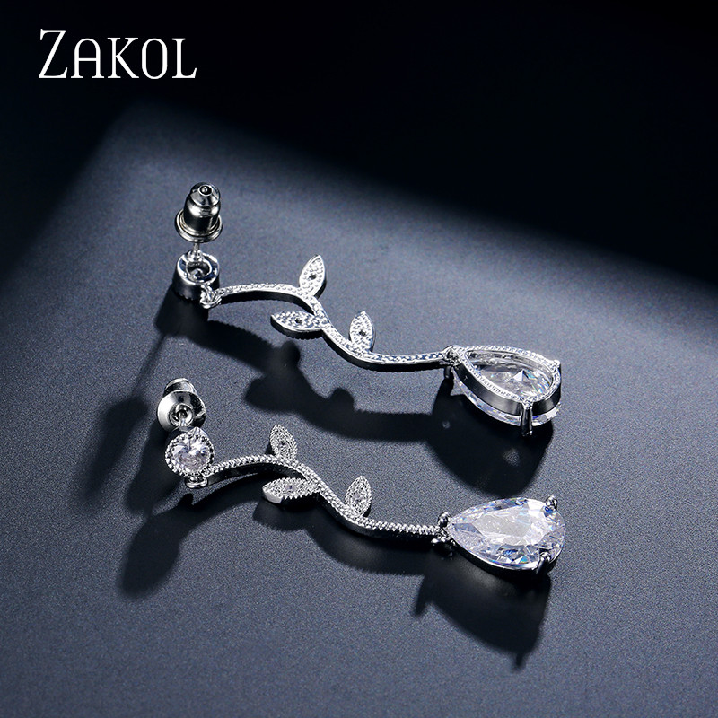 ZAKOL Clasic Rose Gold Color Cubic Zirconia Cristal Seturi de bijuterii de mireasă Cercei Choker în formă de frunze Rochie de mireasă pentru femei