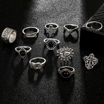 Tocona Vintage Cross Rings Black Crystal Stone Moon Sun Knuckle Rings Sets for Women Men Heart Leaf Party Jewelry Anillo 14420