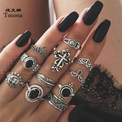 Tocona Vintage Cross Rings Black Crystal Stone Moon Sun Knuckle Rings Sets for Women Men Heart Leaf Párty Šperky Anillo 14420