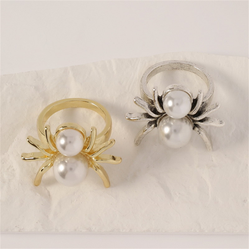 Пънк готически стил паяк пръстен с животни за жени, мъже, симулация на перлен кристал, регулируеми отворени пръстени, забавен подарък за Хелоуин