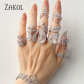 ZAKOL Модни отворени пръстени с бяло злато и циркониеви листа за момиче Модерни кристални крила Пръст за регулиране на пръстена Парти Дамски бижута