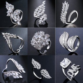ZAKOL Модни отворени пръстени с бяло злато и циркониеви листа за момиче Модерни кристални крила Пръст за регулиране на пръстена Парти Дамски бижута