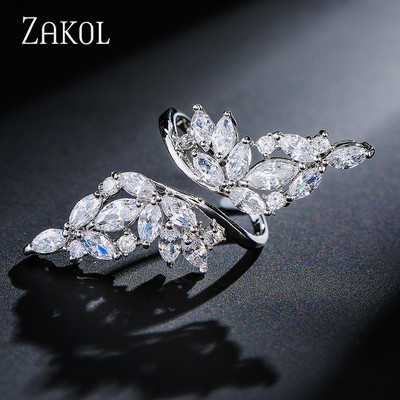 ZAKOL Модни отворени пръстени с бяло злато и циркониеви листа за момиче Модерни кристални крила Пръст за регулиране на пръстена Парти Дамски бижута