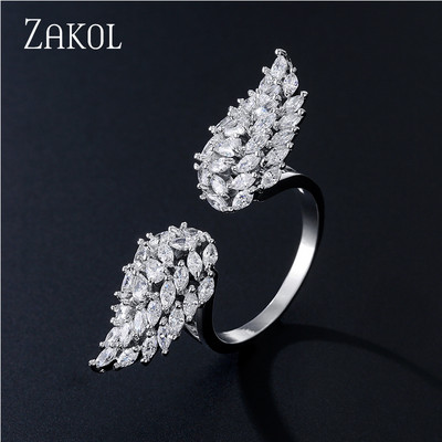ZAKOL Модни отворени пръстени с бяло злато и циркониеви листа за момиче Модерни кристални крила Пръст за регулиране на пръстена Парти Дамски бижута