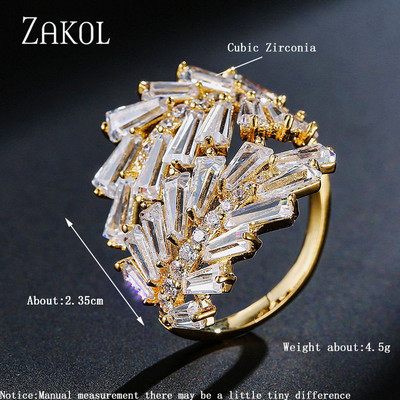 ZAKOL Модни отворени пръстени с бяло злато и циркониеви листа за момиче Модерни кристални крила Пръст за регулиране на пръстена Парти Дамски бижута