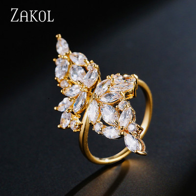 ZAKOL Модни отворени пръстени с бяло злато и циркониеви листа за момиче Модерни кристални крила Пръст за регулиране на пръстена Парти Дамски бижута
