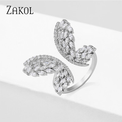 ZAKOL Модни отворени пръстени с бяло злато и циркониеви листа за момиче Модерни кристални крила Пръст за регулиране на пръстена Парти Дамски бижута