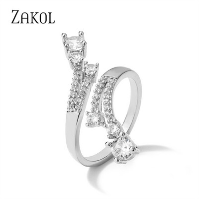 ZAKOL Модни отворени пръстени с бяло злато и циркониеви листа за момиче Модерни кристални крила Пръст за регулиране на пръстена Парти Дамски бижута