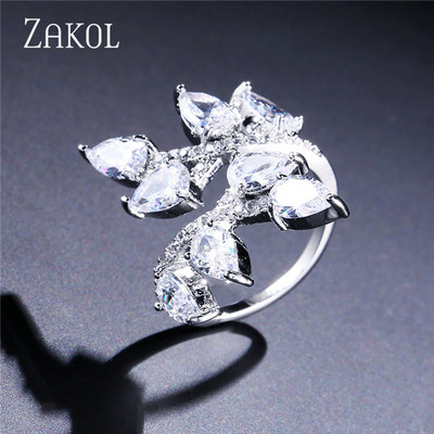 ZAKOL Модни отворени пръстени с бяло злато и циркониеви листа за момиче Модерни кристални крила Пръст за регулиране на пръстена Парти Дамски бижута