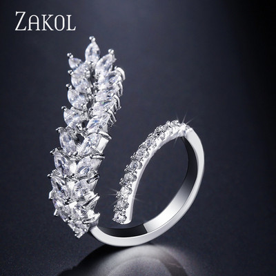 ZAKOL Модни отворени пръстени с бяло злато и циркониеви листа за момиче Модерни кристални крила Пръст за регулиране на пръстена Парти Дамски бижута