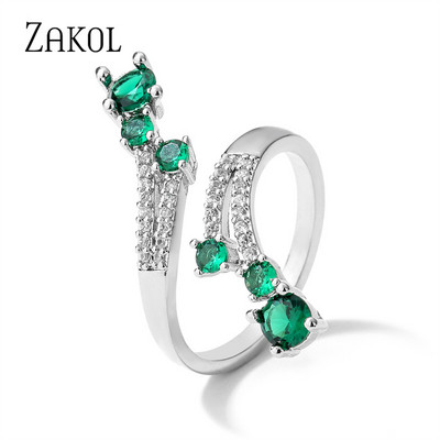 ZAKOL Модни отворени пръстени с бяло злато и циркониеви листа за момиче Модерни кристални крила Пръст за регулиране на пръстена Парти Дамски бижута