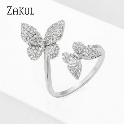 ZAKOL Модни отворени пръстени с бяло злато и циркониеви листа за момиче Модерни кристални крила Пръст за регулиране на пръстена Парти Дамски бижута