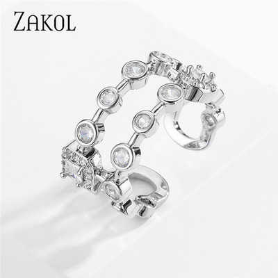 ZAKOL Модни отворени пръстени с бяло злато и циркониеви листа за момиче Модерни кристални крила Пръст за регулиране на пръстена Парти Дамски бижута