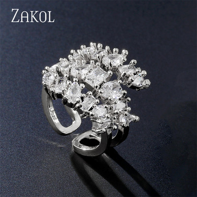 ZAKOL Модни отворени пръстени с бяло злато и циркониеви листа за момиче Модерни кристални крила Пръст за регулиране на пръстена Парти Дамски бижута