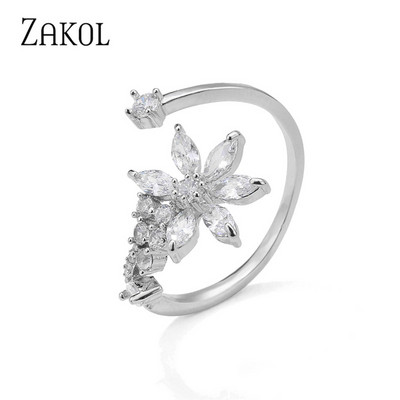 ZAKOL Модни отворени пръстени с бяло злато и циркониеви листа за момиче Модерни кристални крила Пръст за регулиране на пръстена Парти Дамски бижута