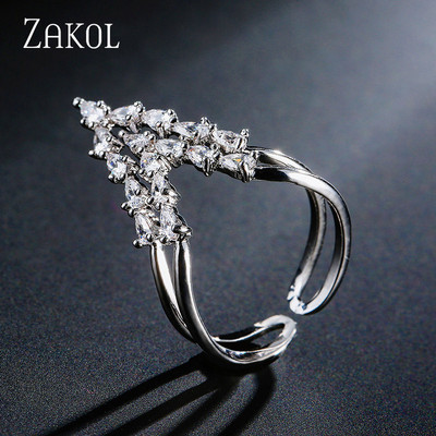 ZAKOL Модни отворени пръстени с бяло злато и циркониеви листа за момиче Модерни кристални крила Пръст за регулиране на пръстена Парти Дамски бижута