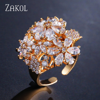 ZAKOL Модни отворени пръстени с бяло злато и циркониеви листа за момиче Модерни кристални крила Пръст за регулиране на пръстена Парти Дамски бижута