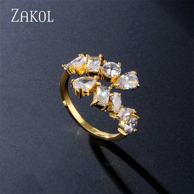 ZAKOL Модни отворени пръстени с бяло злато и циркониеви листа за момиче Модерни кристални крила Пръст за регулиране на пръстена Парти Дамски бижута