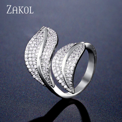 ZAKOL Модни отворени пръстени с бяло злато и циркониеви листа за момиче Модерни кристални крила Пръст за регулиране на пръстена Парти Дамски бижута