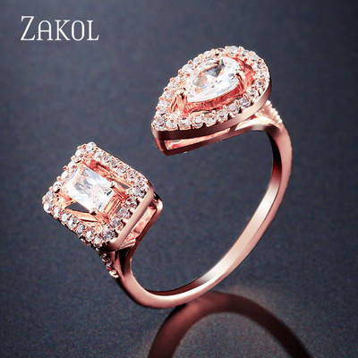 ZAKOL Модни отворени пръстени с бяло злато и циркониеви листа за момиче Модерни кристални крила Пръст за регулиране на пръстена Парти Дамски бижута