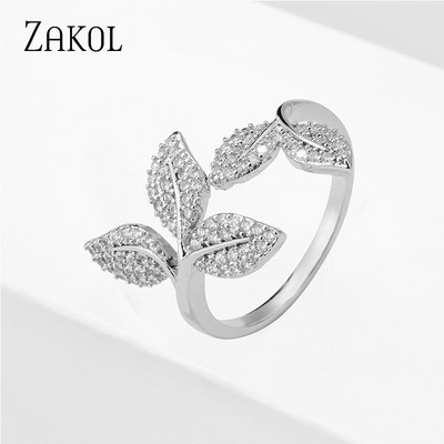 ZAKOL Модни отворени пръстени с бяло злато и циркониеви листа за момиче Модерни кристални крила Пръст за регулиране на пръстена Парти Дамски бижута