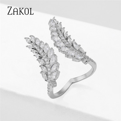 ZAKOL Модни отворени пръстени с бяло злато и циркониеви листа за момиче Модерни кристални крила Пръст за регулиране на пръстена Парти Дамски бижута