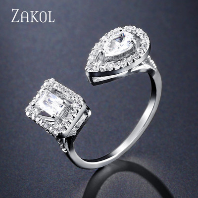 ZAKOL Модни отворени пръстени с бяло злато и циркониеви листа за момиче Модерни кристални крила Пръст за регулиране на пръстена Парти Дамски бижута