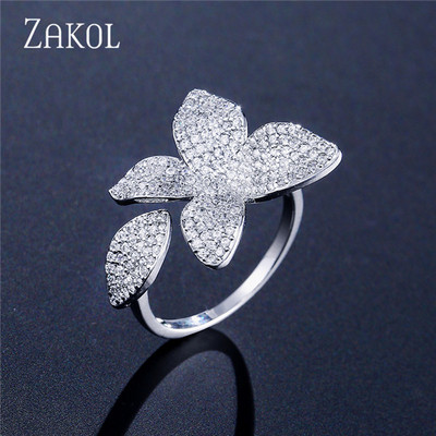 ZAKOL Модни отворени пръстени с бяло злато и циркониеви листа за момиче Модерни кристални крила Пръст за регулиране на пръстена Парти Дамски бижута