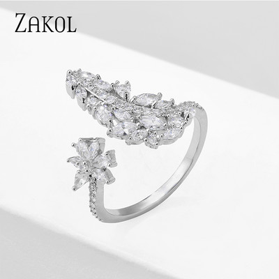 ZAKOL Модни отворени пръстени с бяло злато и циркониеви листа за момиче Модерни кристални крила Пръст за регулиране на пръстена Парти Дамски бижута