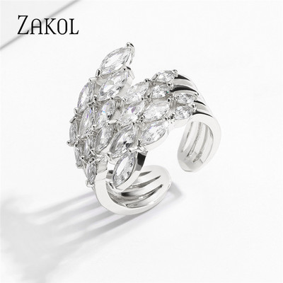 ZAKOL Модни отворени пръстени с бяло злато и циркониеви листа за момиче Модерни кристални крила Пръст за регулиране на пръстена Парти Дамски бижута
