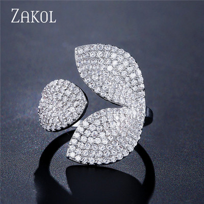 ZAKOL Модни отворени пръстени с бяло злато и циркониеви листа за момиче Модерни кристални крила Пръст за регулиране на пръстена Парти Дамски бижута
