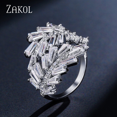 ZAKOL Модни отворени пръстени с бяло злато и циркониеви листа за момиче Модерни кристални крила Пръст за регулиране на пръстена Парти Дамски бижута